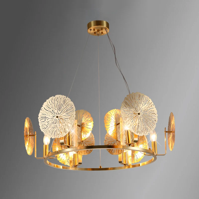 Post moderne lotusblad kroonluchter metaal 6-lichts woonkamer hanglamp messing met ringontwerp Clearhalo