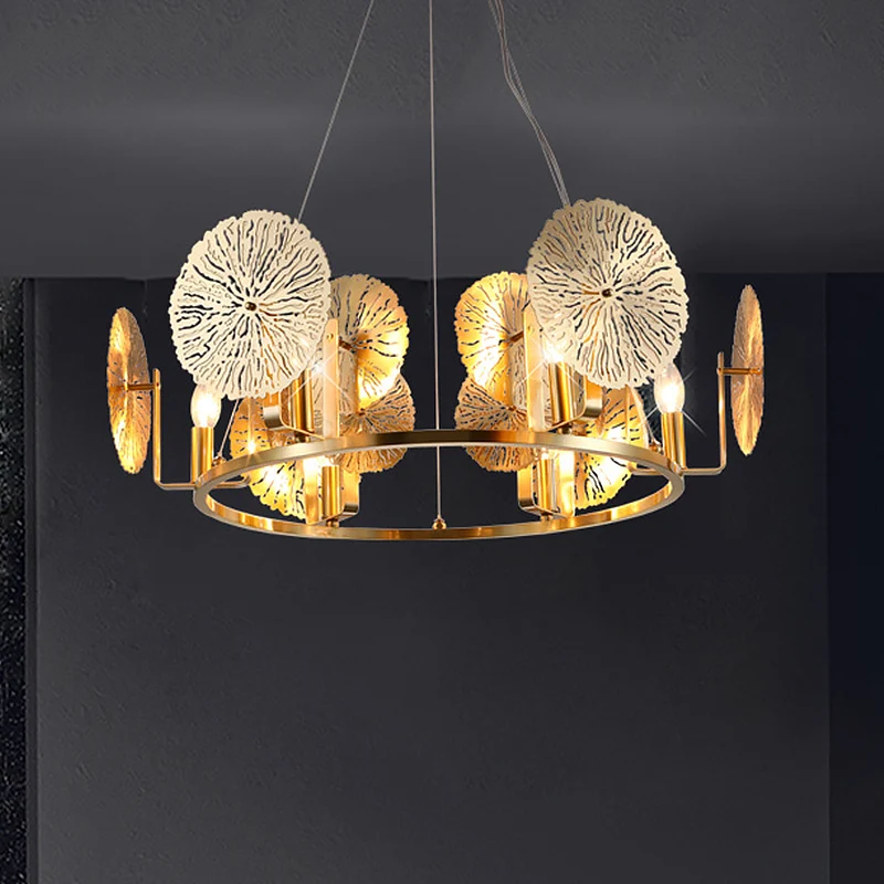 Post moderne lotusblad kroonluchter metaal 6-lichts woonkamer hanglamp messing met ringontwerp Clearhalo