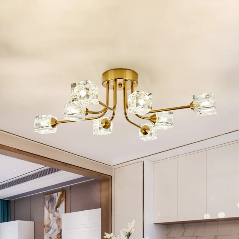 Postmodern gebogen arm semi-inbouwlamp 8-kops kubisch kristallen plafondarmatuur goud Clearhalo