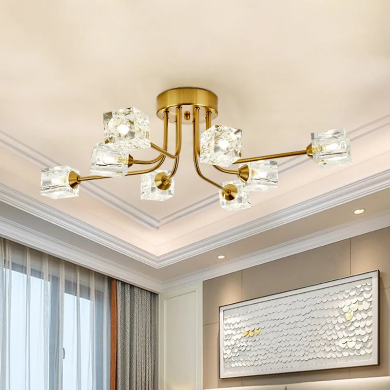 Postmodern gebogen arm semi-inbouwlamp 8-kops kubisch kristallen plafondarmatuur goud Clearhalo