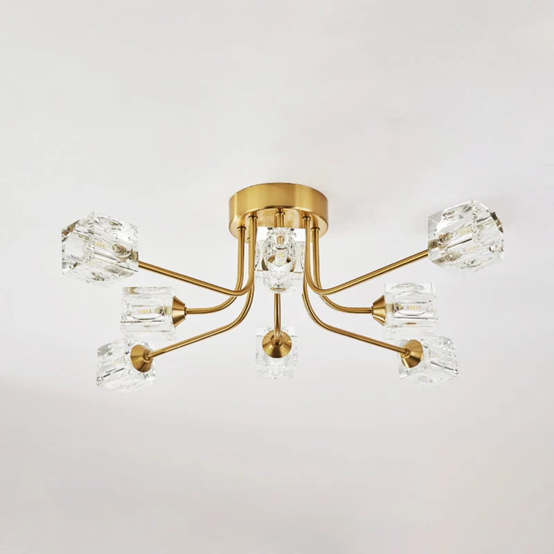 Postmodern gebogen arm semi-inbouwlamp 8-kops kubisch kristallen plafondarmatuur goud Clearhalo