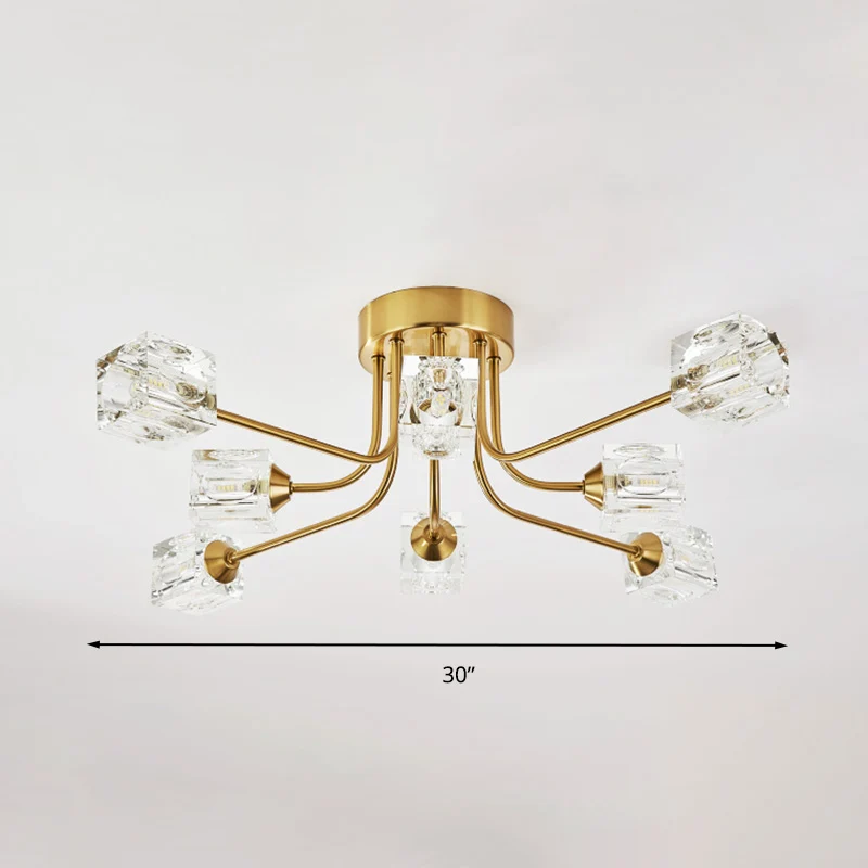 Postmodern gebogen arm semi-inbouwlamp 8-kops kubisch kristallen plafondarmatuur goud Clearhalo