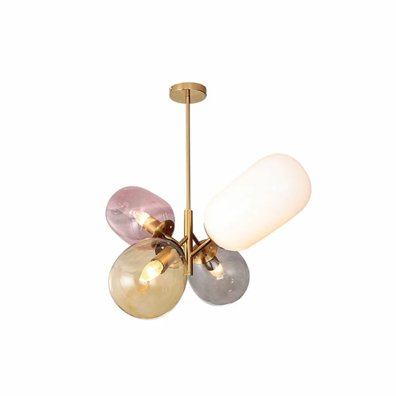 Postmoderne 4-lichts hangende kroonluchter, messing ballonplafondlamp met veelkleurige glazen kap Clearhalo