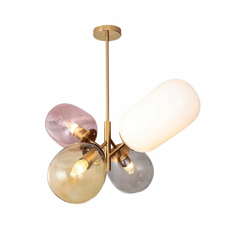 Postmoderne 4-lichts hangende kroonluchter, messing ballonplafondlamp met veelkleurige glazen kap Clearhalo