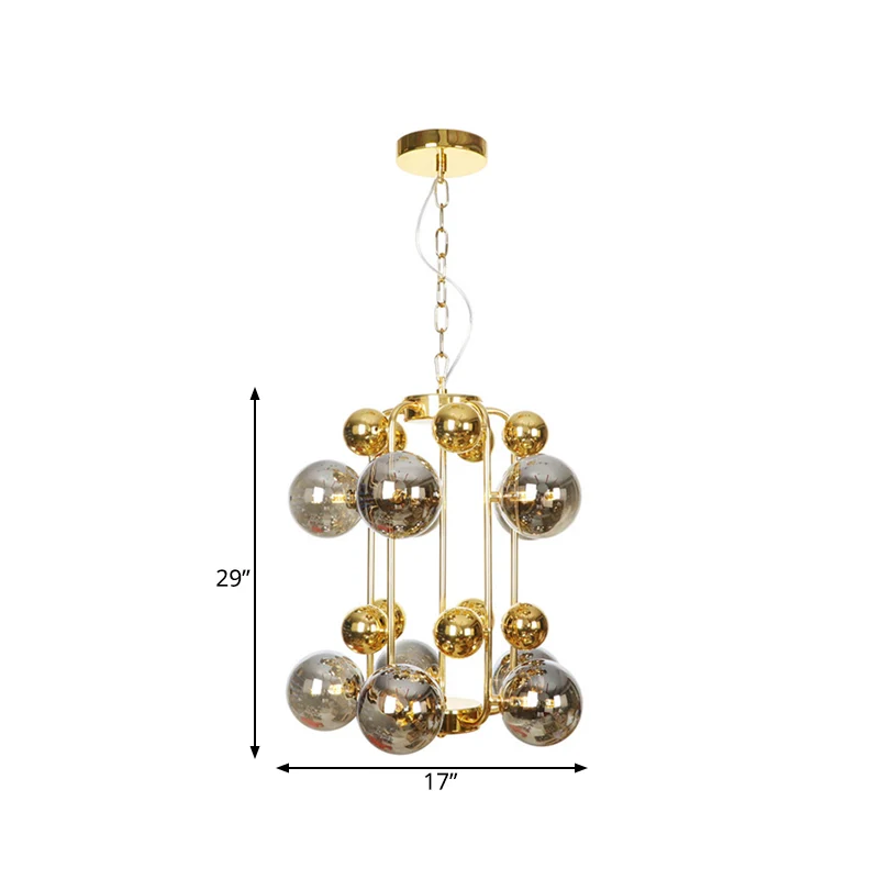 Postmoderne 8-lampen kroonluchterlamp messing moleculaire hanglamp met rookgrijze glazen kap Clearhalo