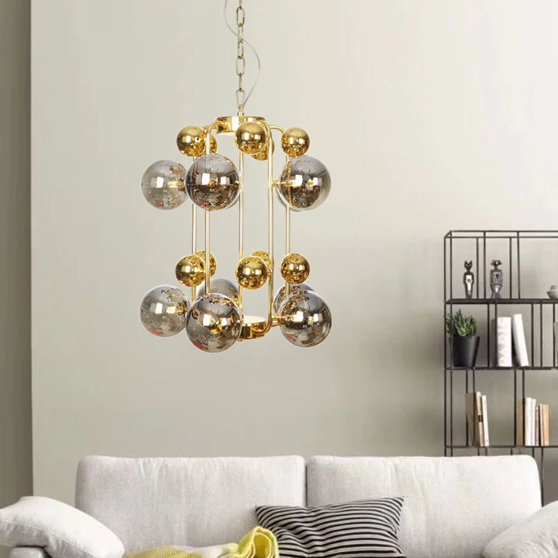 Postmoderne 8-lampen kroonluchterlamp messing moleculaire hanglamp met rookgrijze glazen kap Clearhalo