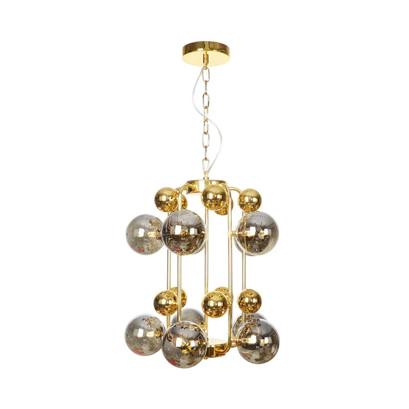 Postmoderne 8-lampen kroonluchterlamp messing moleculaire hanglamp met rookgrijze glazen kap Clearhalo