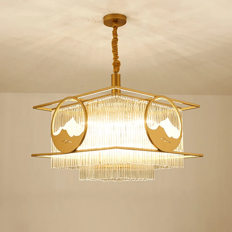 Postmoderne 8-lichts plafondhanger gouden vierkante/ronde kroonluchterlamp met kristallen staafkap Clearhalo