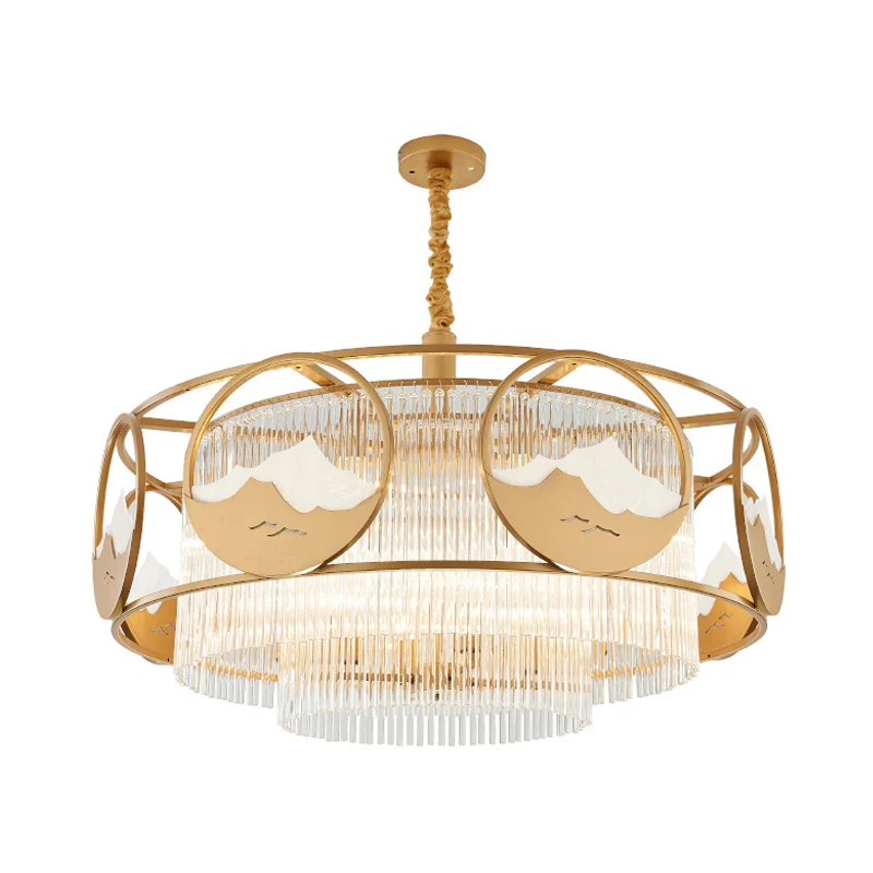 Postmoderne 8-lichts plafondhanger gouden vierkante/ronde kroonluchterlamp met kristallen staafkap Clearhalo