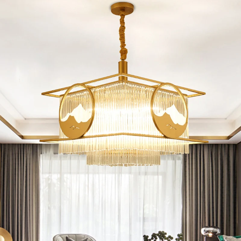 Postmoderne 8-lichts plafondhanger gouden vierkante/ronde kroonluchterlamp met kristallen staafkap Clearhalo