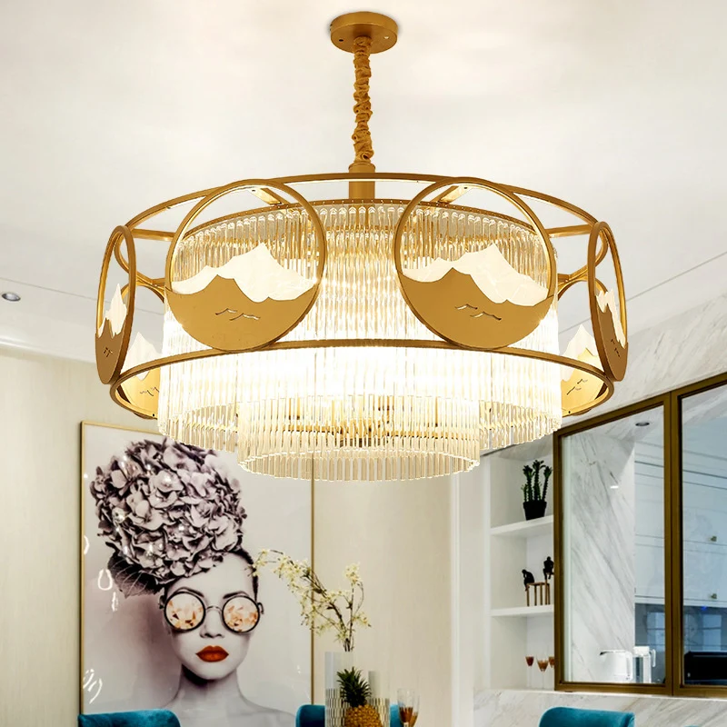 Postmoderne 8-lichts plafondhanger gouden vierkante/ronde kroonluchterlamp met kristallen staafkap Clearhalo