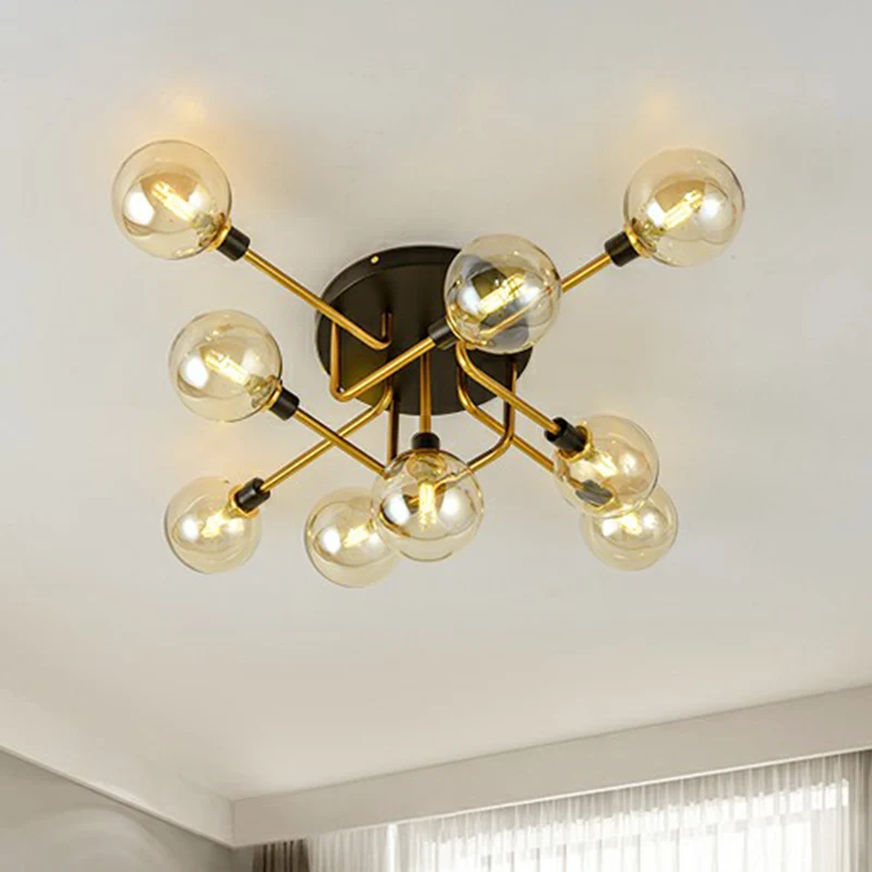 Postmoderne bol-inbouwlamp van glas, 5-lichts slaapkamer, semi-inbouwplafondlamp zwart-messing Clearhalo