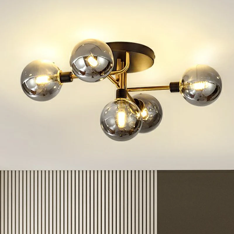 Postmoderne bol-inbouwlamp van glas, 5-lichts slaapkamer, semi-inbouwplafondlamp zwart-messing Clearhalo