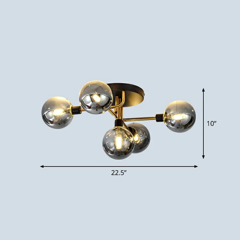 Postmoderne bol-inbouwlamp van glas, 5-lichts slaapkamer, semi-inbouwplafondlamp zwart-messing Clearhalo
