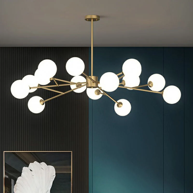 Postmoderne boomtak kroonluchter melkbol glas woonkamer hanglamp goud Clearhalo