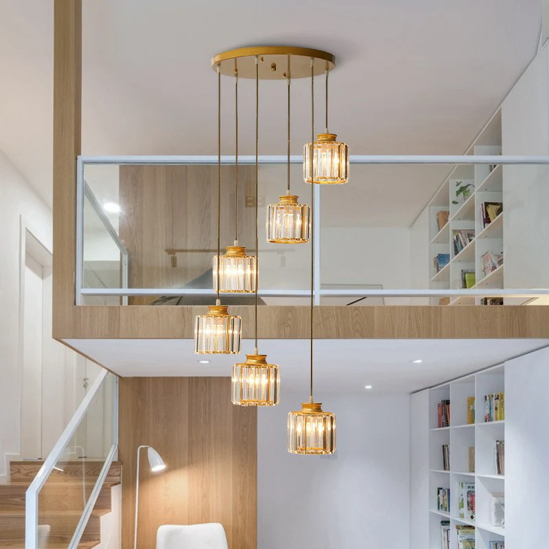 Postmoderne cilindrische hanglamp prismatische kristallen trap multi-lichtkroonluchter Clearhalo