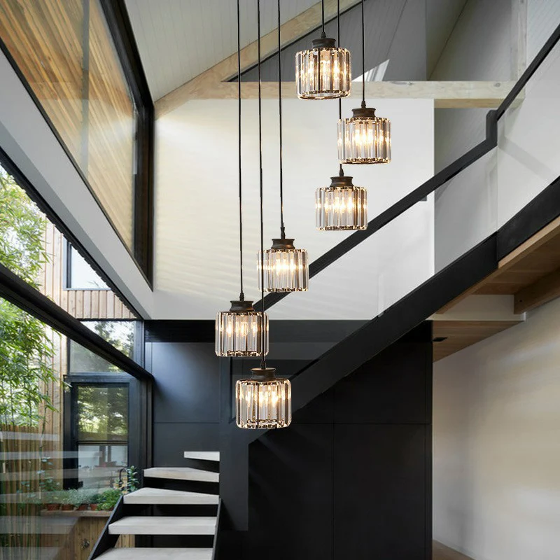 Postmoderne cilindrische hanglamp prismatische kristallen trap multi-lichtkroonluchter Clearhalo