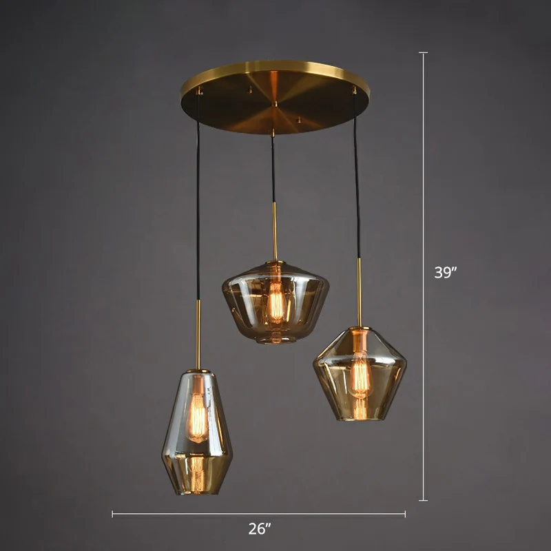 Postmoderne clusterhangende messing geometrische plafondophanglamp met 3 lampen en glazen kap Clearhalo