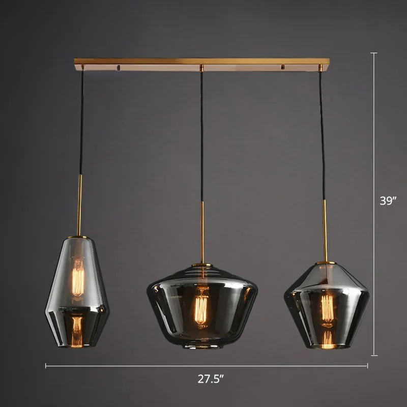 Postmoderne clusterhangende messing geometrische plafondophanglamp met 3 lampen en glazen kap Clearhalo