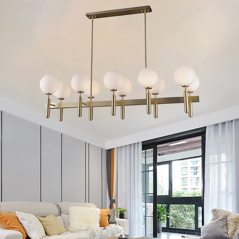 Postmoderne eilandhanglamp met 10 lampen en witte glazen kap, gouden lineaire plafondlamp Clearhalo