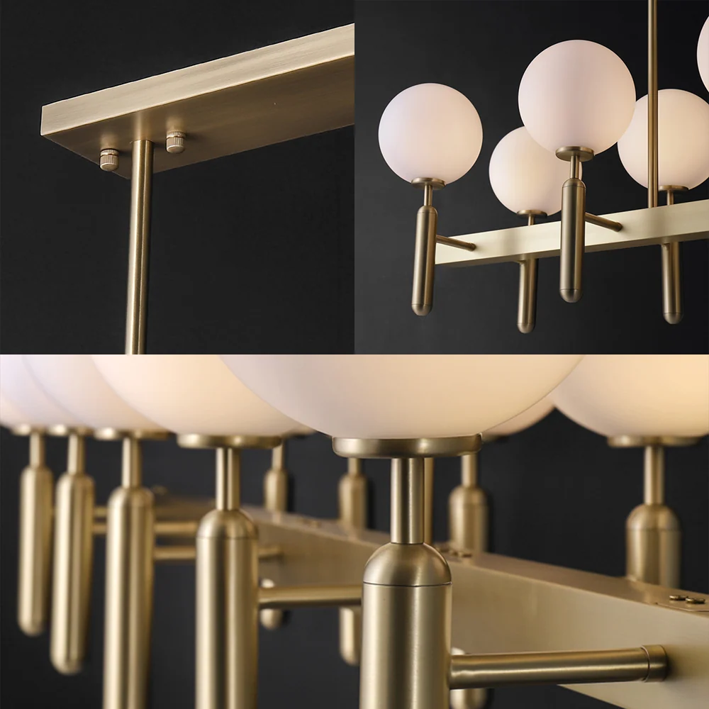 Postmoderne eilandhanglamp met 10 lampen en witte glazen kap, gouden lineaire plafondlamp Clearhalo