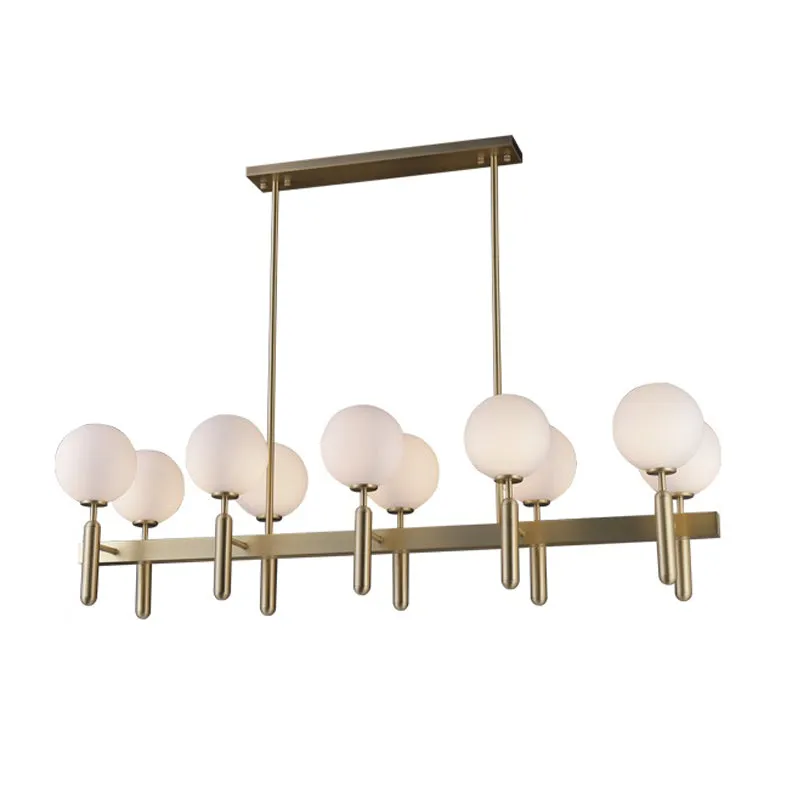 Postmoderne eilandhanglamp met 10 lampen en witte glazen kap, gouden lineaire plafondlamp Clearhalo