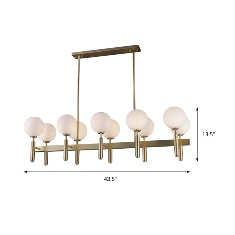 Postmoderne eilandhanglamp met 10 lampen en witte glazen kap, gouden lineaire plafondlamp Clearhalo