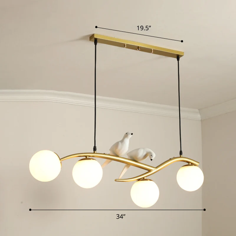 Postmoderne eilandlamp, boomtak, hanglamp met 4 lampen, glazen bolkap en vogeldeco Clearhalo