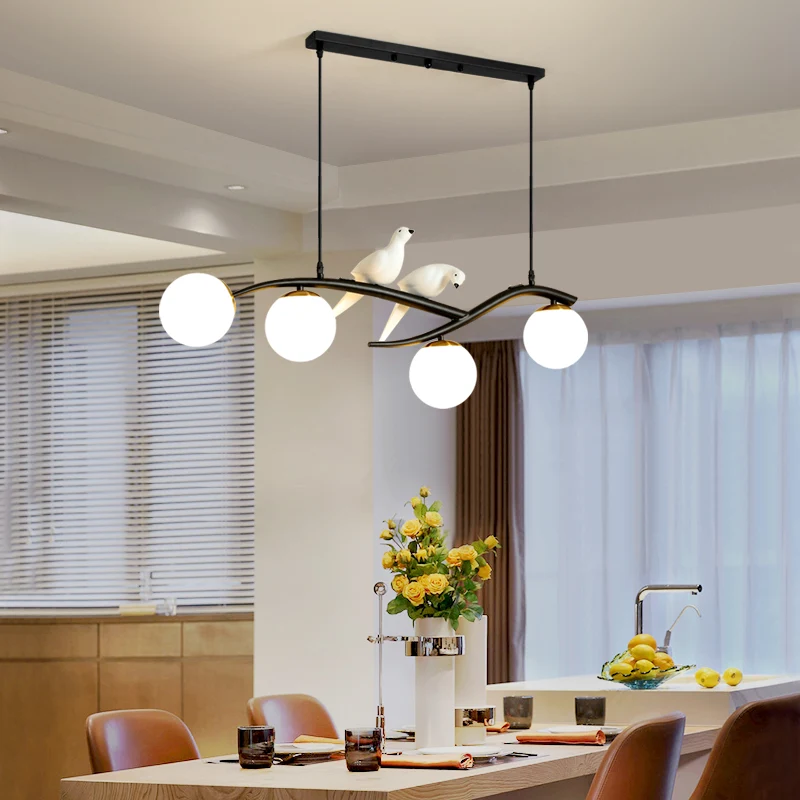 Postmoderne eilandlamp, boomtak, hanglamp met 4 lampen, glazen bolkap en vogeldeco Clearhalo