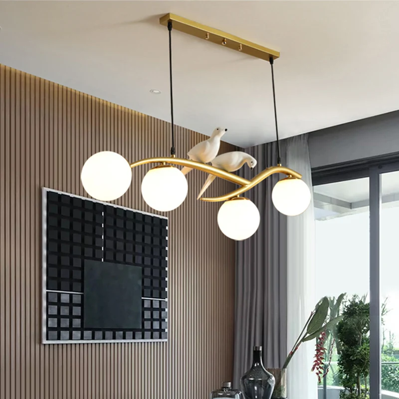 Postmoderne eilandlamp, boomtak, hanglamp met 4 lampen, glazen bolkap en vogeldeco Clearhalo
