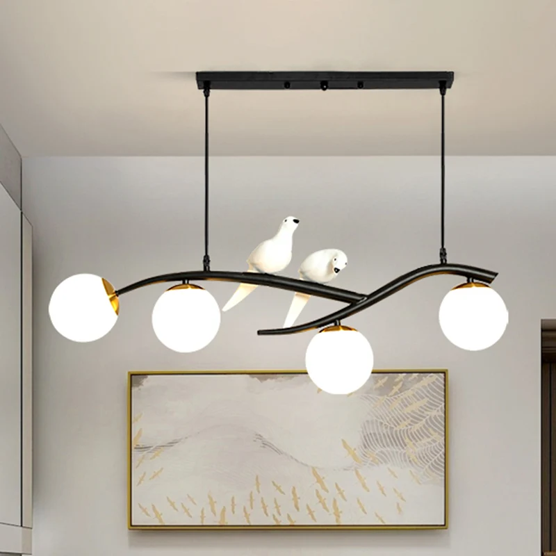 Postmoderne eilandlamp, boomtak, hanglamp met 4 lampen, glazen bolkap en vogeldeco Clearhalo
