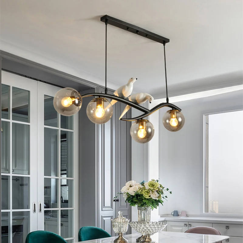 Postmoderne eilandlamp, boomtak, hanglamp met 4 lampen, glazen bolkap en vogeldeco Clearhalo