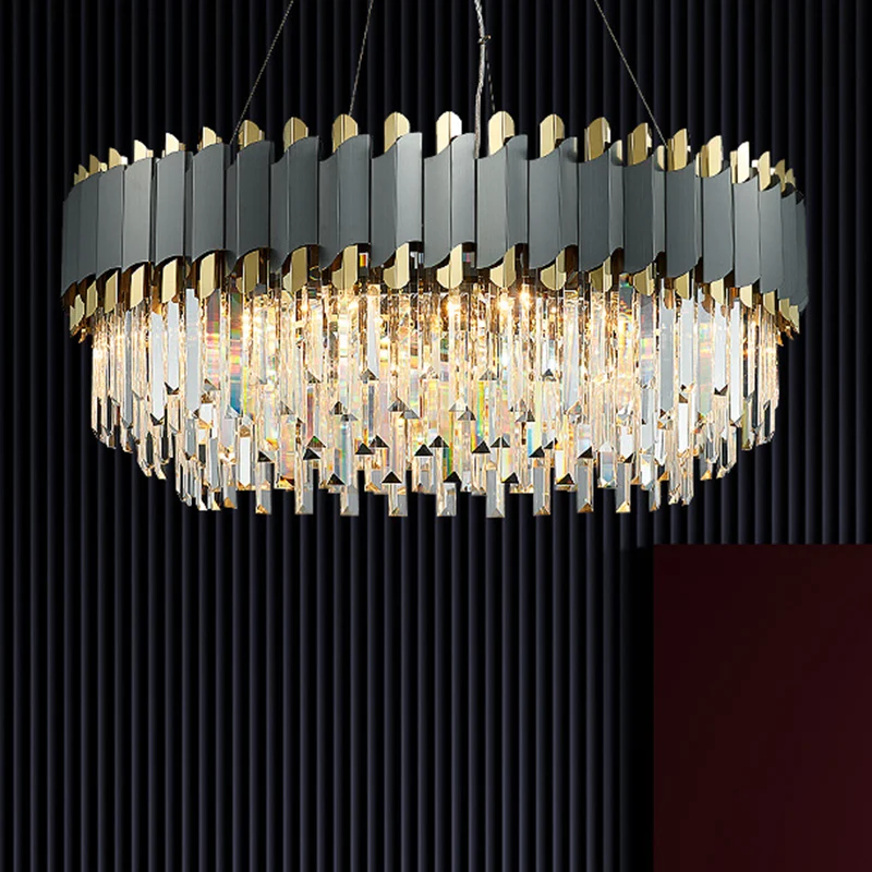 Postmoderne gelaagde kroonluchter hanglamp Strip Crystal woonkamer hanglamp goud-zwart Clearhalo