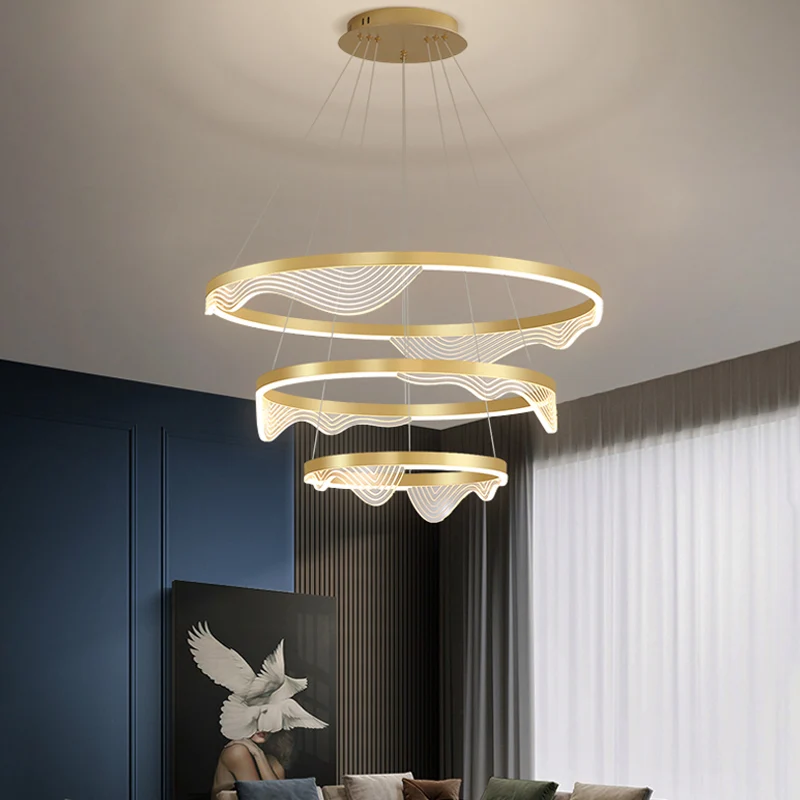 Postmoderne hangende LED-hanger, ronde kroonluchter met 2/3 lagen, golvende rand en acrylkap Clearhalo
