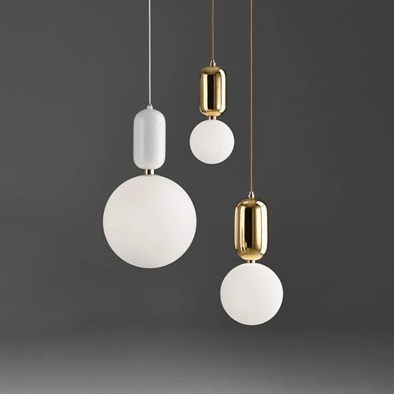 Postmoderne hanglamp, wit/goud, capsule-plafondhanglamp met melkachtige bolglazen kap, diameter 6"/8"/12" Clearhalo
