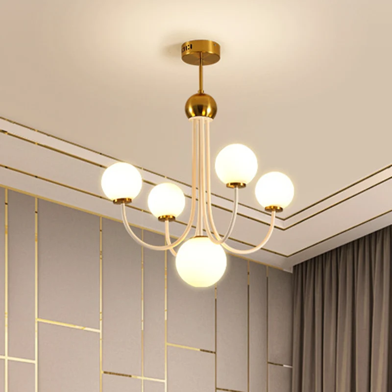 Postmoderne kroonluchter met gebogen arm en Spoetnik-ontwerp Wit glas 5/7-lichts led-hanglamp Clearhalo