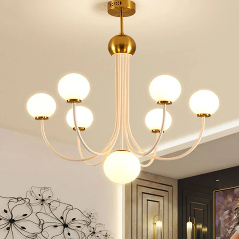 Postmoderne kroonluchter met gebogen arm en Spoetnik-ontwerp Wit glas 5/7-lichts led-hanglamp Clearhalo