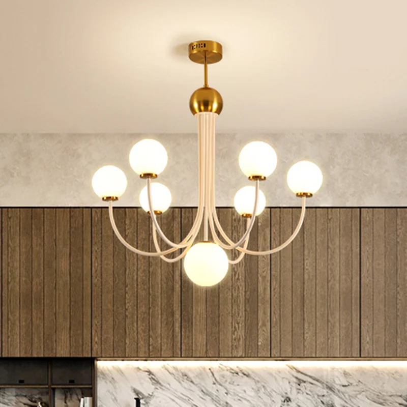 Postmoderne kroonluchter met gebogen arm en Spoetnik-ontwerp Wit glas 5/7-lichts led-hanglamp Clearhalo
