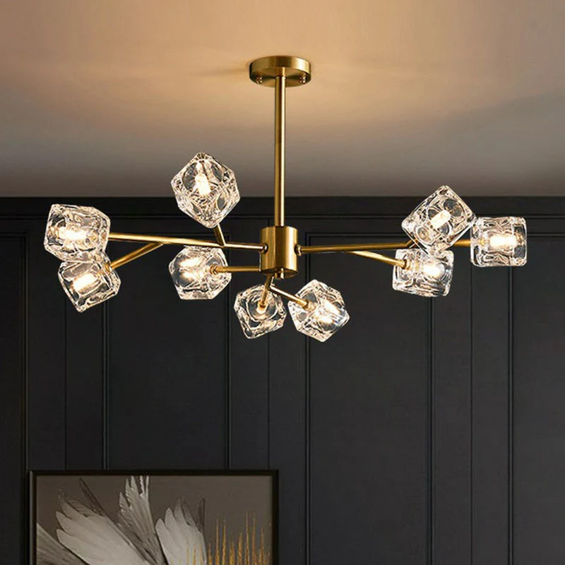 Postmoderne kroonluchterlamp met heldere kristallen kubus woonkamer hanglamp goud Clearhalo