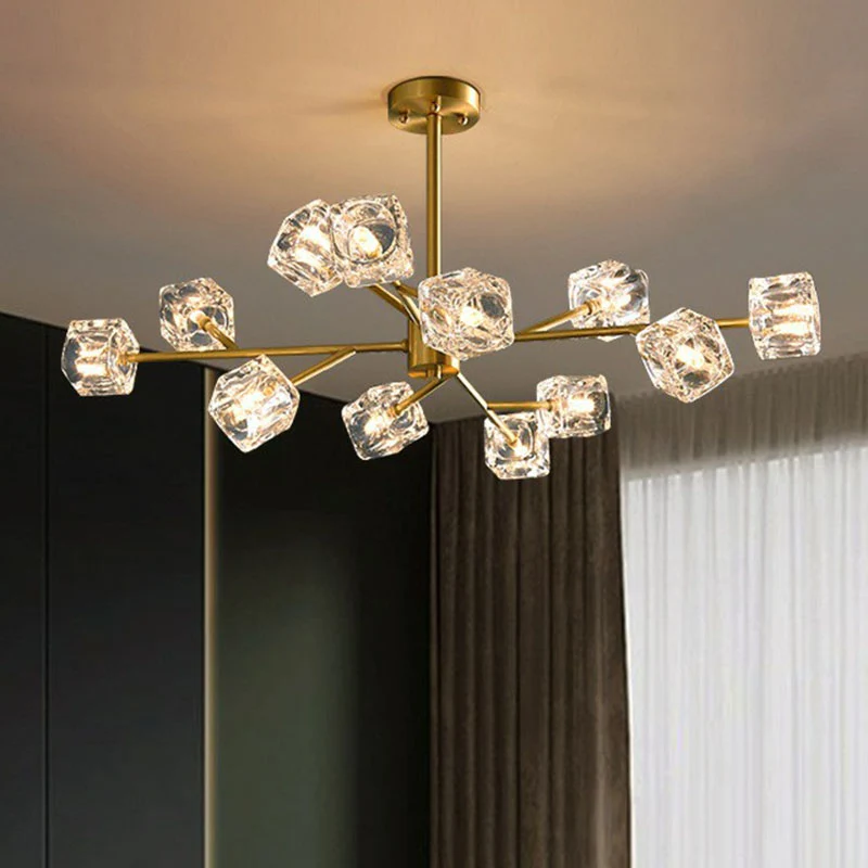 Postmoderne kroonluchterlamp met heldere kristallen kubus woonkamer hanglamp goud Clearhalo