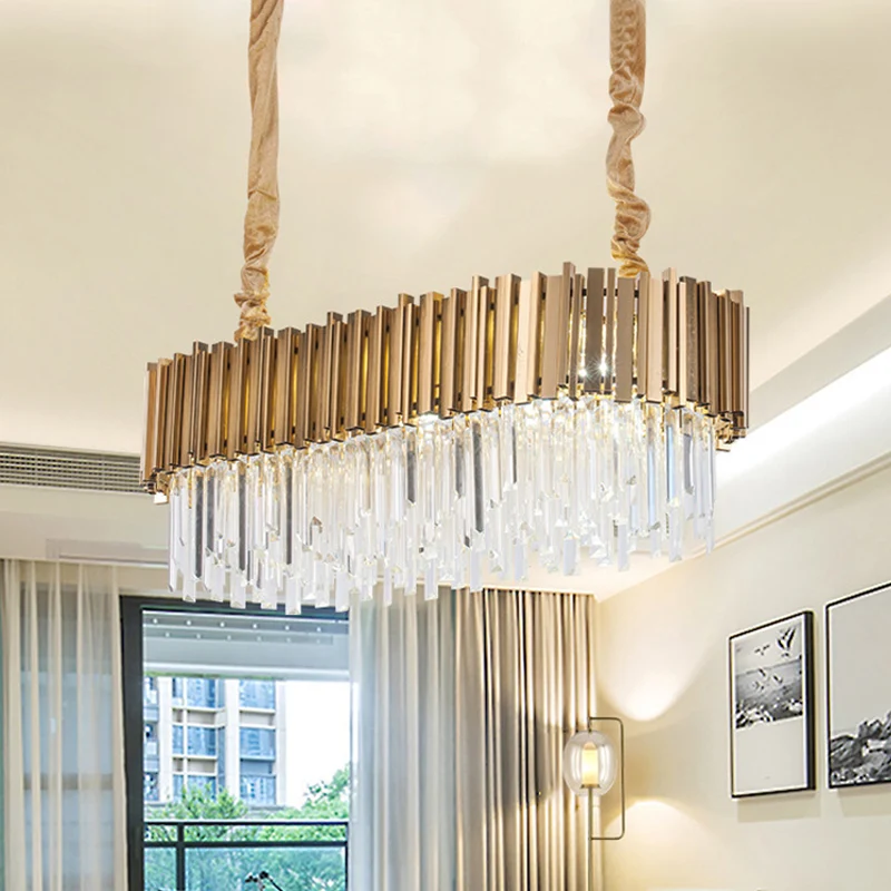 Postmoderne langwerpige eilandlamp, 6/8-lichts kristallen staven, hangende verlichting goud, 23,5"/31,5" breed Clearhalo
