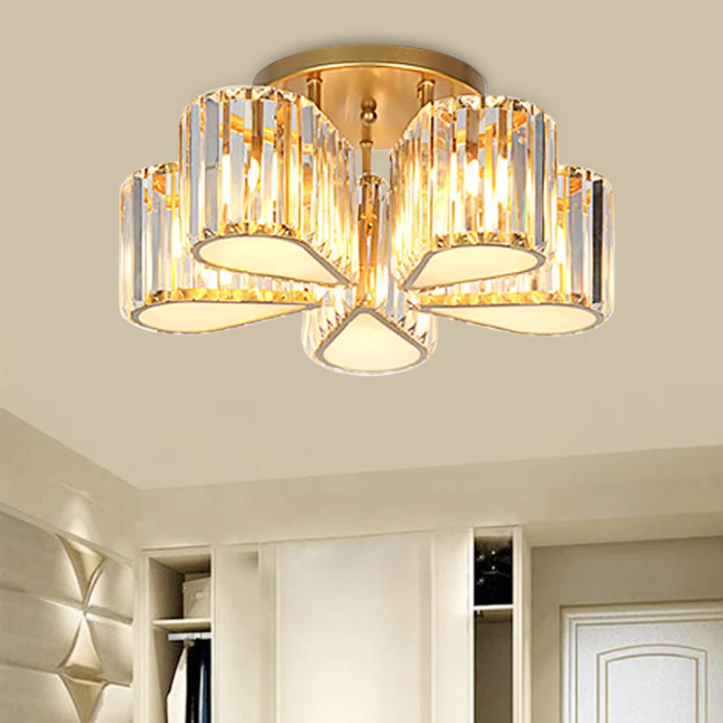 Postmoderne ovale/traanvormige semi-inbouwlamp, 5-lichts gesneden kristallen plafondmontagearmatuur goud Clearhalo