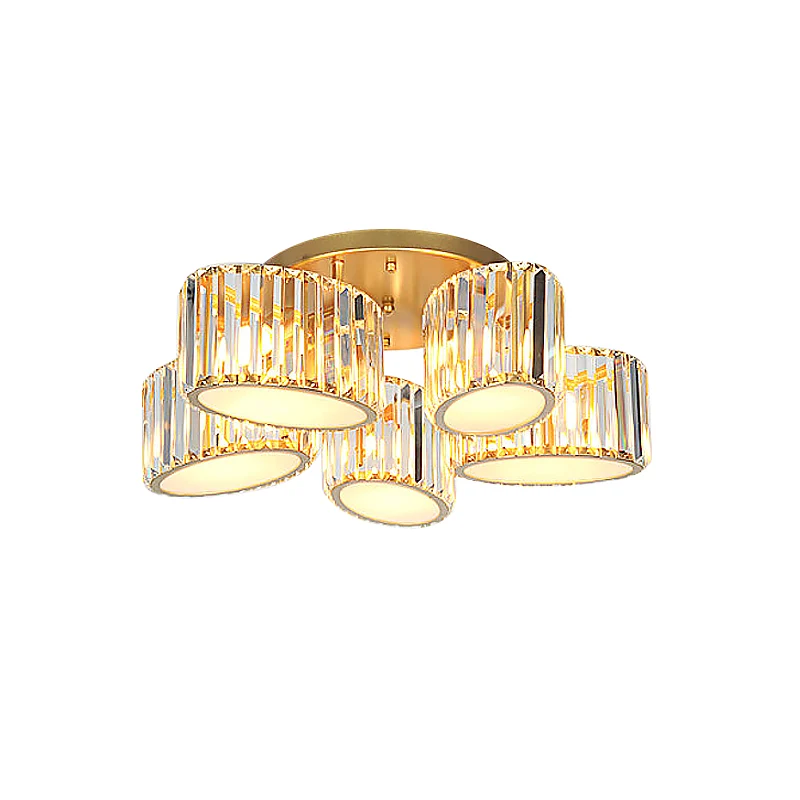 Postmoderne ovale/traanvormige semi-inbouwlamp, 5-lichts gesneden kristallen plafondmontagearmatuur goud Clearhalo
