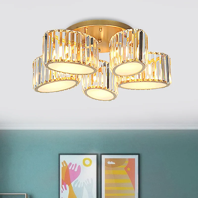 Postmoderne ovale/traanvormige semi-inbouwlamp, 5-lichts gesneden kristallen plafondmontagearmatuur goud Clearhalo