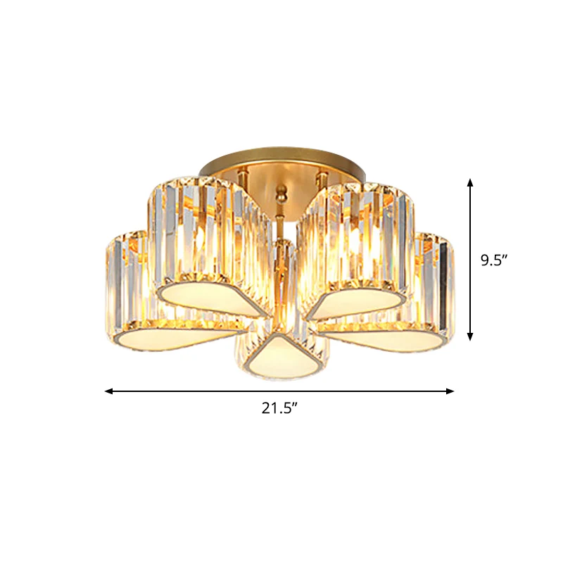 Postmoderne ovale/traanvormige semi-inbouwlamp, 5-lichts gesneden kristallen plafondmontagearmatuur goud Clearhalo