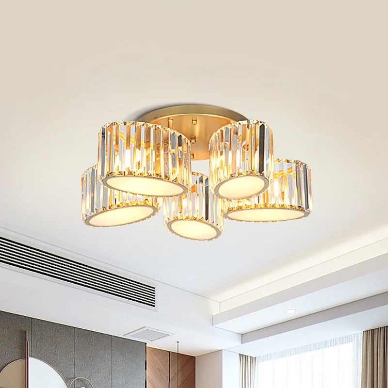 Postmoderne ovale/traanvormige semi-inbouwlamp, 5-lichts gesneden kristallen plafondmontagearmatuur goud Clearhalo