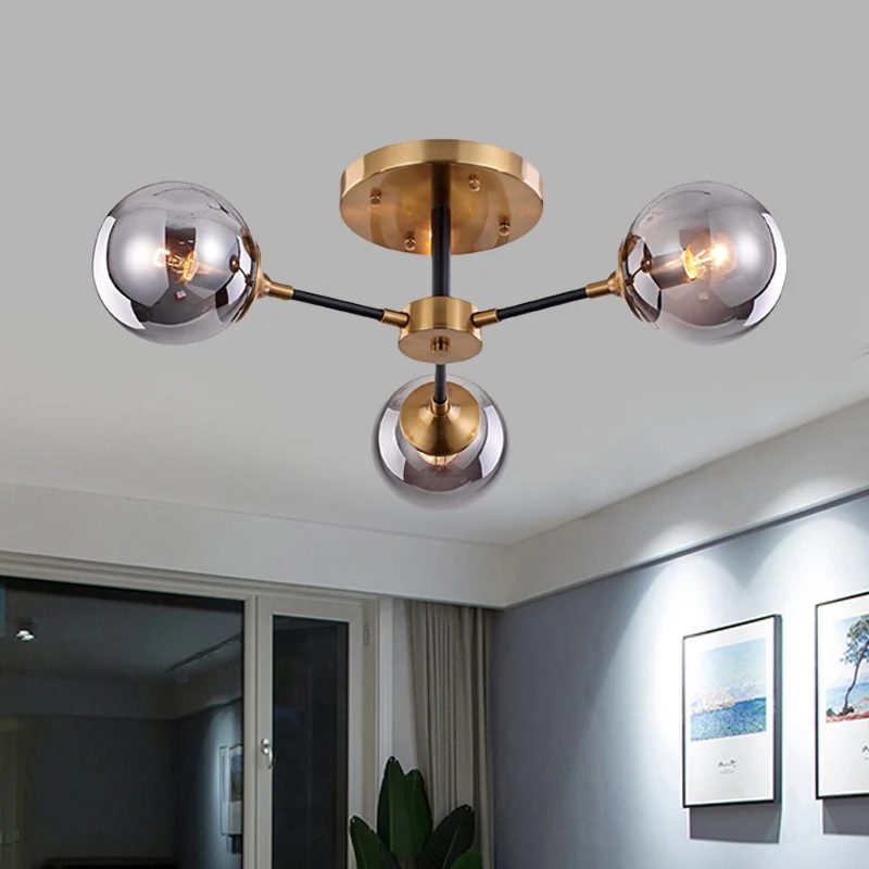 Postmoderne radiaal rookglas semi-inbouw 3/6 koppen inbouw plafondkroonluchter messing en zwart Clearhalo