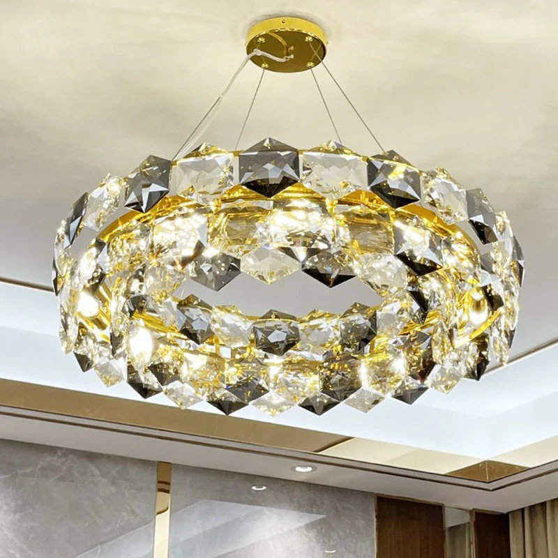 Postmoderne ronde hanglamp met zeshoekige kristallen woonkamerkroonluchterverlichting goud Clearhalo