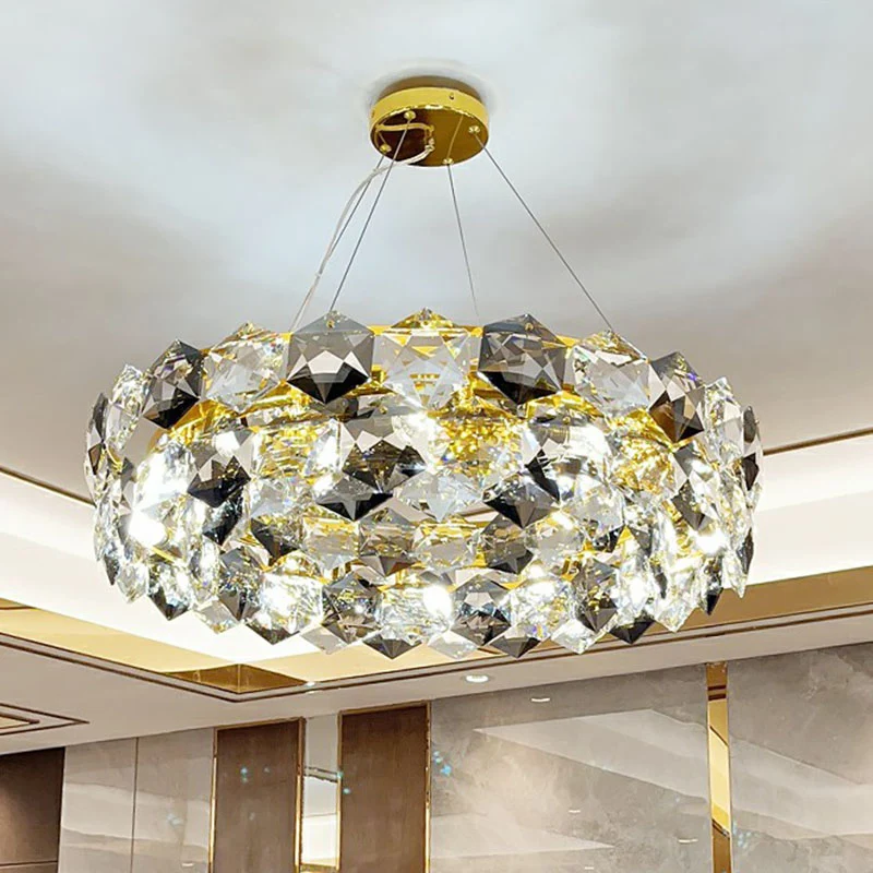 Postmoderne ronde hanglamp met zeshoekige kristallen woonkamerkroonluchterverlichting goud Clearhalo