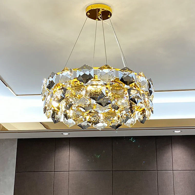 Postmoderne ronde hanglamp met zeshoekige kristallen woonkamerkroonluchterverlichting goud Clearhalo